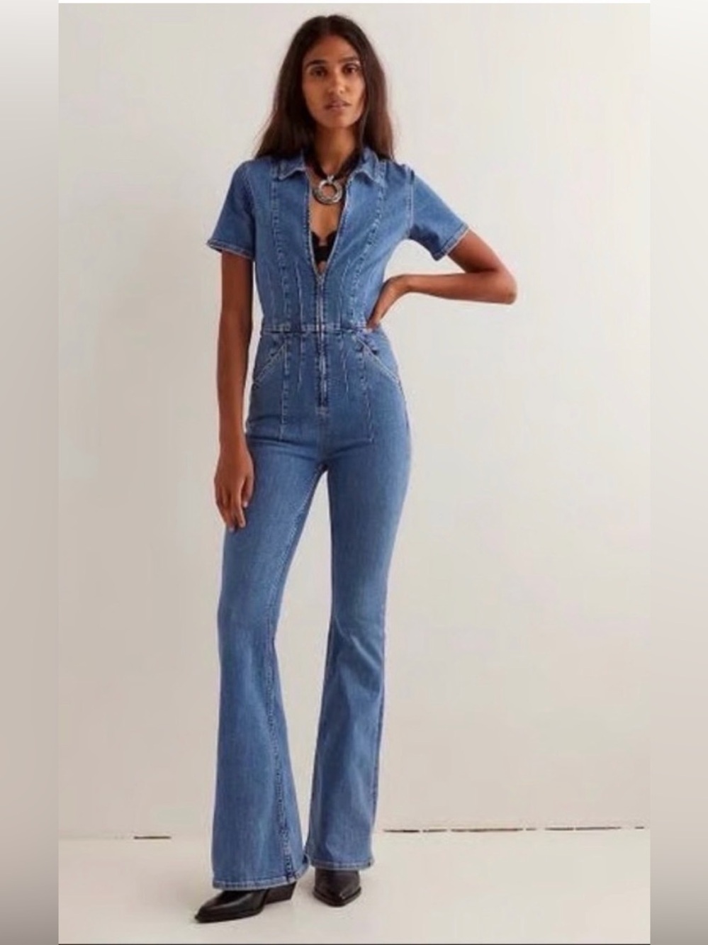 Free People Jayde Blue Denim Short-Sleeve Jumpsuit
